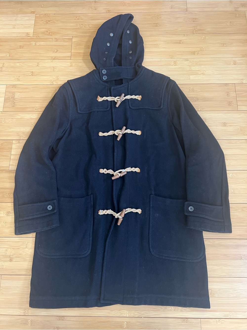 Banana Republic Men’s M Navy Blue Wool Toggle Duffle Coat Hooded Jacket Medium